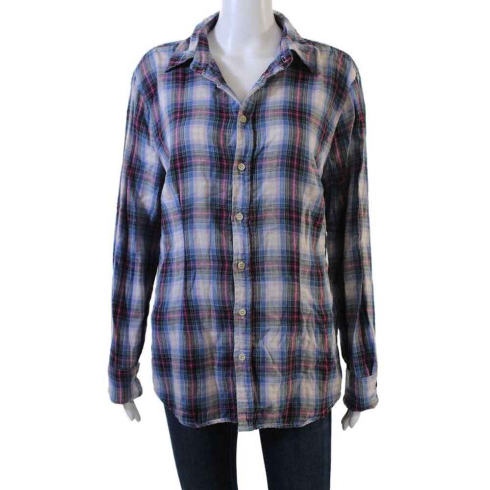 Shirt Womens Basic Button-Up Blue Plaid Cotton Collared Long Sleeve 90s Size L
